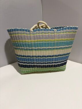 Woven Striped Beach Tote Bag in Blue, Green and Cream